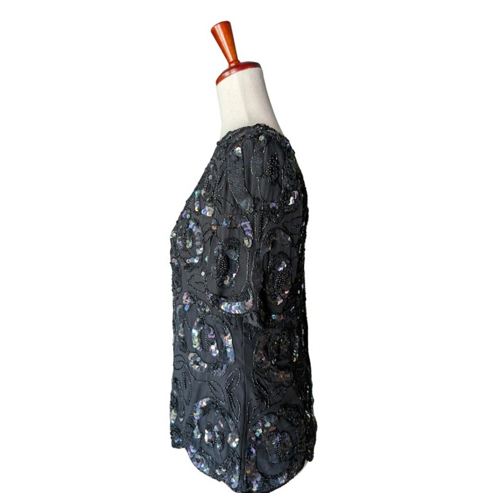 Laurence Kazar Vintage Black Silk Sequin Beaded Evening Top Blouse Petite Medium - Picture 3 of 7